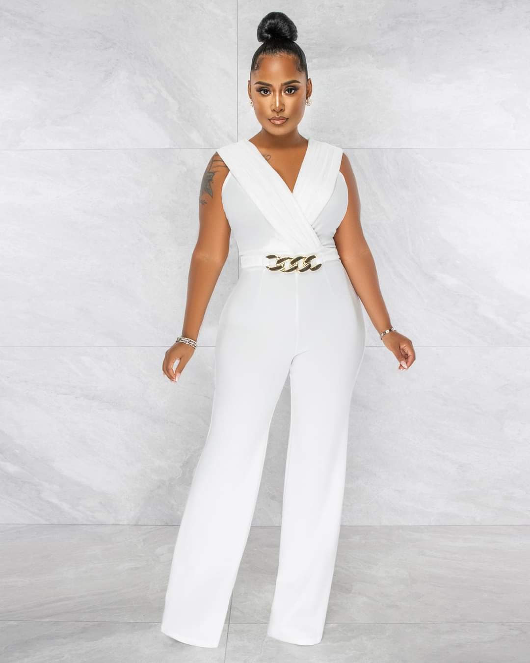 NAINA OFF-WHITE PLEATED BUST GOLD LINK JUMPSUIT