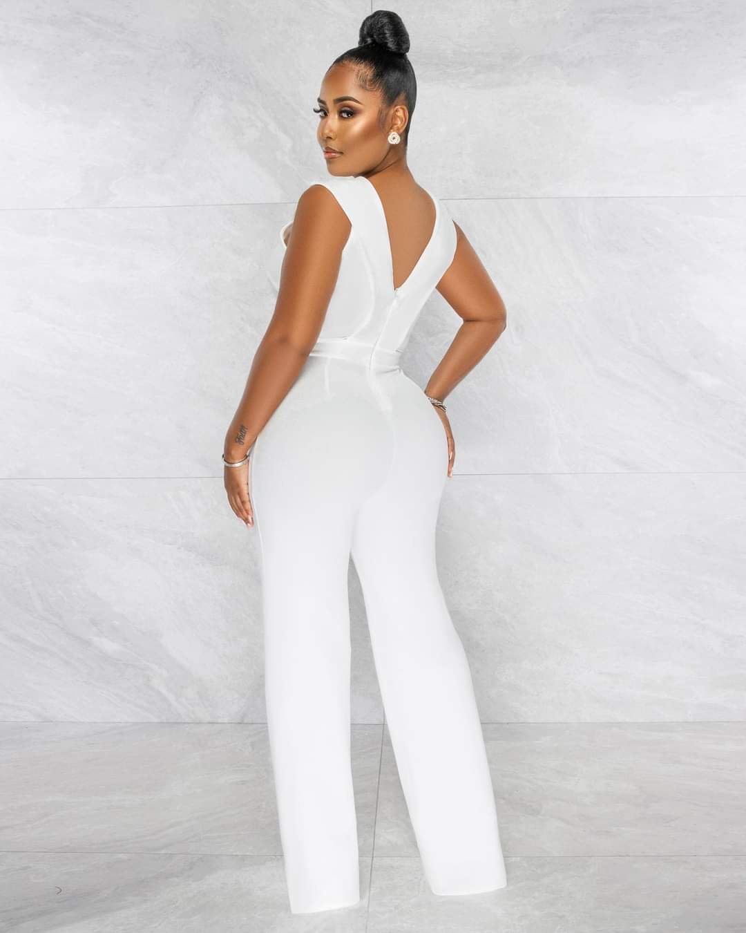 NAINA OFF-WHITE PLEATED BUST GOLD LINK JUMPSUIT