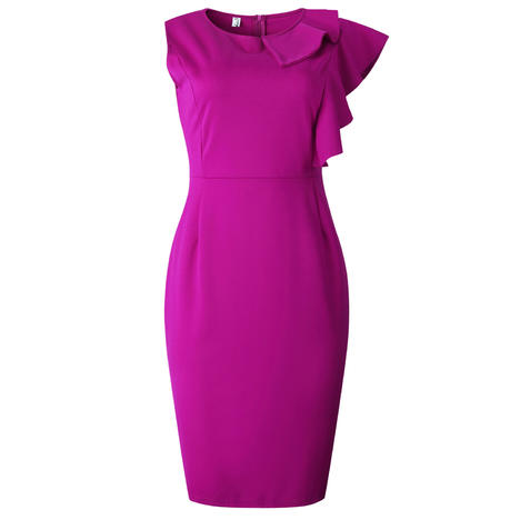 Women Slim Formal Solid Purple Ruffled Zipper Asymmetric Midi Dress