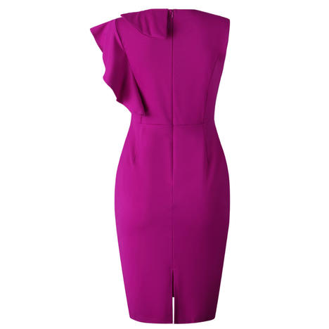 Women Slim Formal Solid Purple Ruffled Zipper Asymmetric Midi Dress